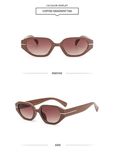 Front and side views of irregular thick frame sunglasses in coffee with gradient tea lenses