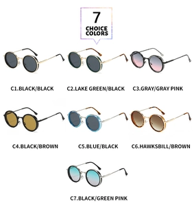 Detailed view of seven assorted retro round sunglasses in various color frames and lenses