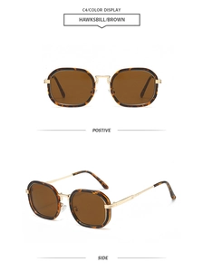 Detailed front and side views of tortoiseshell sunglasses with brown lenses and gold metal stems