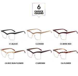 Detail view of stylish half-rim cat-eye frames in six colors with anti-blue light lenses
