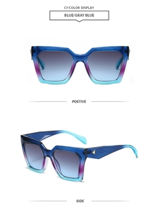 Detailed view of square sunglasses with blue gradient frame and gold side logo