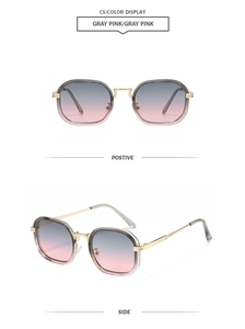 Detail view of square gradient gray pink sunglasses with golden metal temples