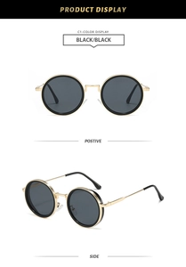 Front and side views of vintage round sunglasses with black lenses and gold-black frames