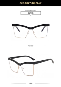 Detail view of black and gold semi-rimless geometric cat-eye glasses frames for women