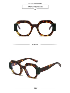 Detail view of C11 geometric tortoise shell and green frames from front and side angles