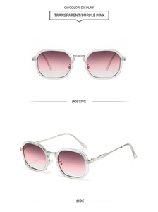 Detail of C6 sunglasses with transparent resin frame and purple pink gradient lenses