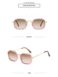 Detail view of pink rectangle sunglasses with gold metal temples and tortoise tips