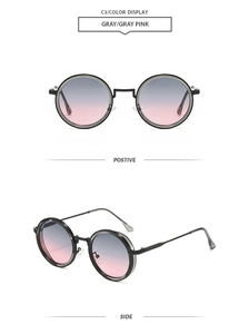 Front and side view of round retro sunglasses with gray pink gradient lenses