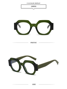 Detail view of translucent green geometric sunglasses with a hexagon frame design
