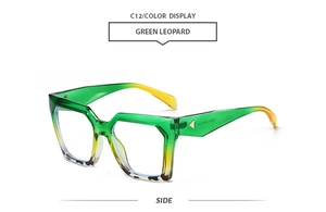 Side view of square glasses featuring a green to yellow gradient frame and leopard pattern