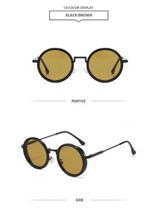 Detail view of vintage punk round sunglasses with black metal frame and brown lenses