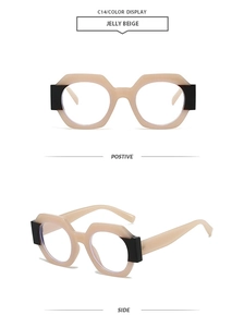 Macro detail of jelly beige hexagonal sunglasses frame with black corner accents
