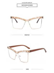 Detail view of semi-rimless cat-eye glasses frame in Rice Bun Flower marble pattern