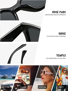 Detail of integrated nose pads and metal hinges on classic square oversized sunglasses