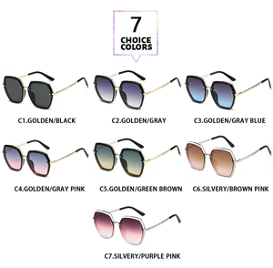 Showcase of seven color options for polygonal oversized sunglasses with metal temples