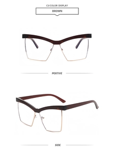 Detail view of brown cat-eye half-frame metal glasses showing front and side angles