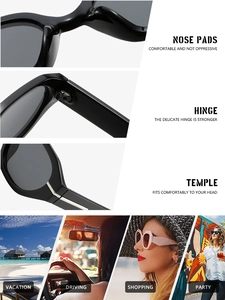 Detail view of stylish sunglasses showing integrated nose pads and reinforced metal hinges