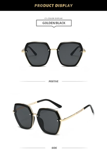 Front and side views of hexagonal golden metal sunglasses with black accents and gray lenses
