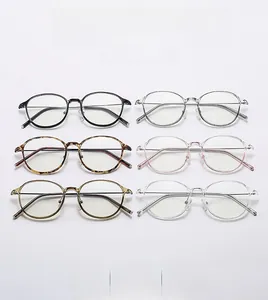 Detail view of stylish square-round glasses frames in six colors with metal temples