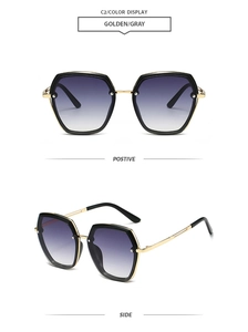 Detail view showing golden frame and gray gradient lenses from front and side angles