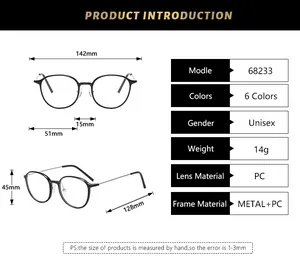 Detailed size chart for retro square-frame glasses showing 142mm width and metal PC specs