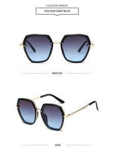 Detail view of golden and gray blue geometric sunglasses with gradient lenses