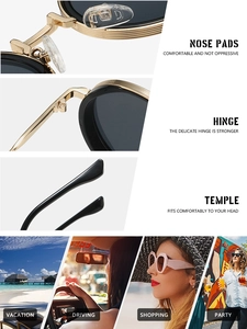Macro details of golden metal frame sunglasses with scenes for vacation and driving