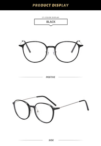 Detail view of stylish round glasses with black TR90 frames and slim metal temples