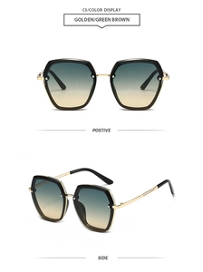Detail view of golden hexagonal sunglasses with green-yellow gradient lenses and black trim