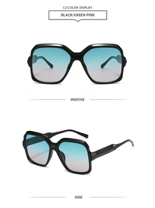 Vues détaillées de lunettes de soleil rétro avec monture noire et verres dégradés rose-vert