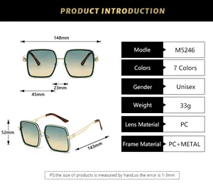Detailed size chart for retro square sunglasses showing dimensions and PC lens specs
