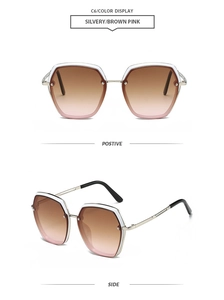 Front and side view of oversized polygonal sunglasses with silver frame and gradient lenses