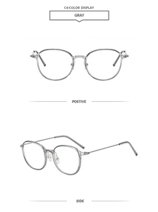 Front and side view of transparent grey square frames with slim metal temples