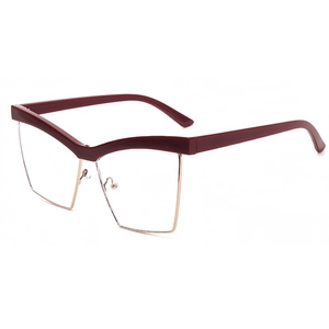 Fashionable half-rim cat-eye glasses with burgundy top frame and gold metal accents