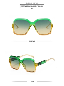 Détails de montures en résine dégradée et de branches en métal doré sur lunettes de soleil