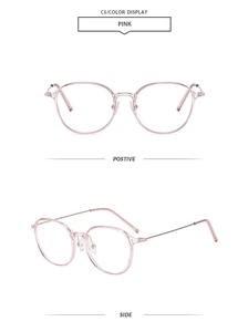 Front and side views of transparent pink round frame glasses with rose gold metal temples