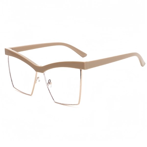 Fashionable half-rim metal browline glasses with large cat-eye frames in khaki and gold