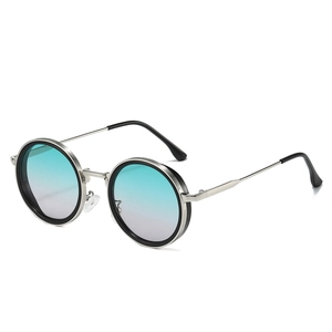 Modern vintage round frame sunglasses with silver metal trim and gradient lenses