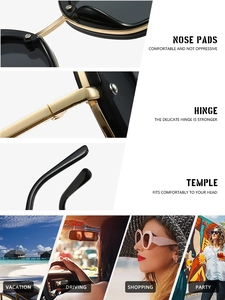 Detailed view of oversized polygon sunglasses with golden frame and life scenarios