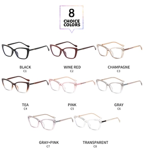 Collection of eight different colors of vintage cat-eye glasses frames on white background