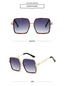 Detail of square sunglasses with tortoiseshell frames, gold temples and grey gradient lenses