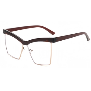 Fashionable brown cat-eye semi-rimless browline glasses with gold metal frames shown at 45 degrees