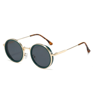 Retro round metal sunglasses with dark lenses and tortoiseshell ear tips in a 45-degree view
