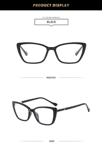 Detail view of black cat-eye glasses frame with metallic hinges from front and side angles