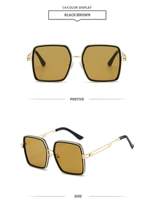 Detailed front and side view of square gold metal sunglasses with brown lenses and hollow temples