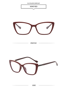 Detail view of wine red cat eye glasses frame TR3037 with elegant metal temple hinges