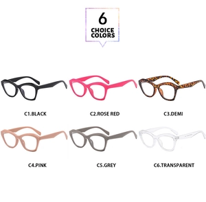 Aperçu de montures de lunettes œil de chat en six couleurs dont noir, rose et transparent
