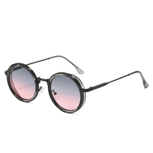 Retro round sunglasses with black textured frames and blue-pink gradient lenses