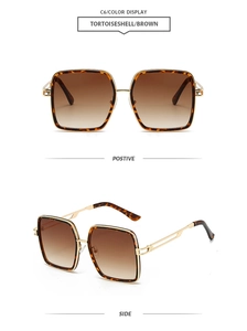 Front and side views of tortoiseshell square sunglasses with gold metal temples
