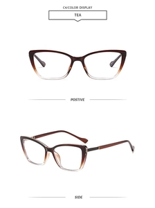 Front and side views of tea-gradient cat-eye glasses frames with metallic hinge accents